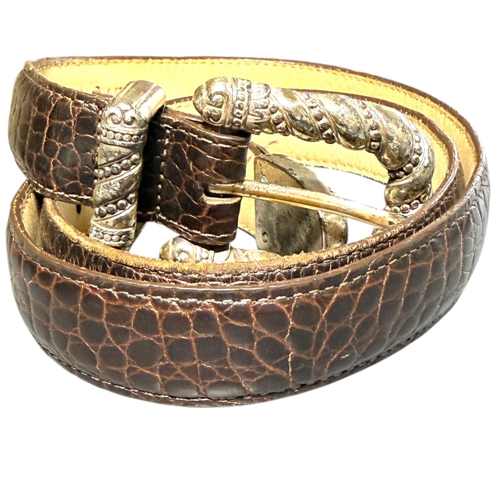 Brighton Women Brown Crocodile Embossed Leather Western Rope Buckle Belt Large